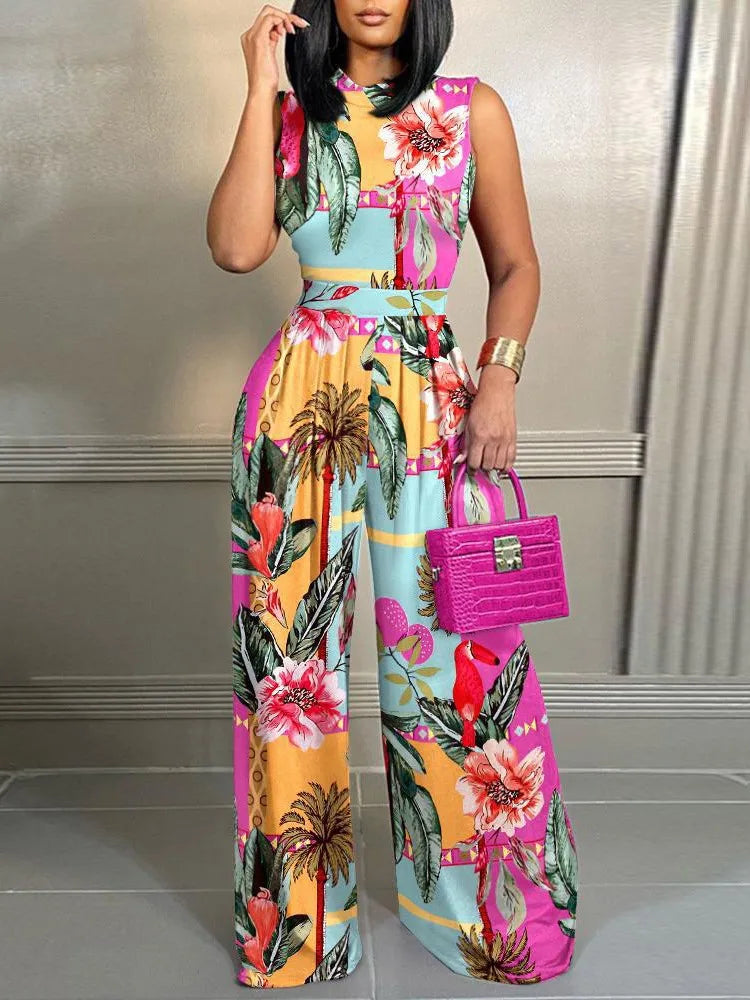 O-Neck Off Shoulder Jumpsuit Office Lady Spring Summer Casual Sleeveless Flower Print Jumpsuits For Women 2023 One Piece Rompers