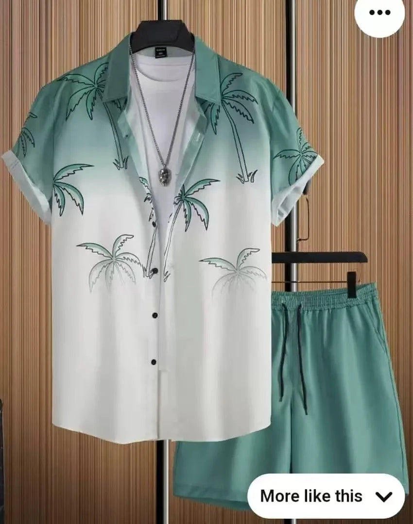 Comfortable Coconut trees leaves color blocking 3D Print shirt +Shorts Two Piece Set Short Sleeve Flip collar shirts half pants