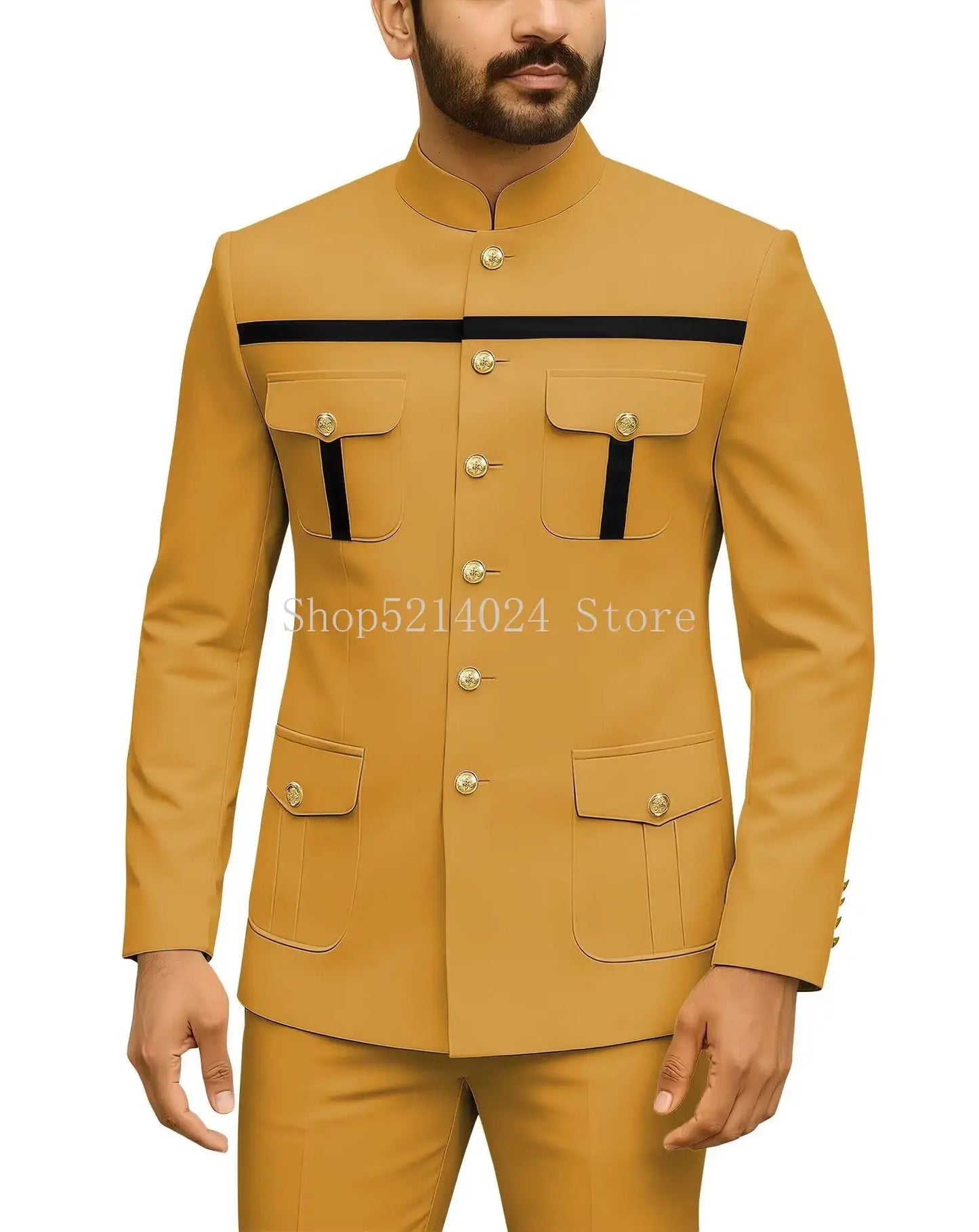 Herren Safari-Anzug 2-teilig Regular Fit Chinakragen Goldknopf Blazer Hose Set Afrikanische Outfits