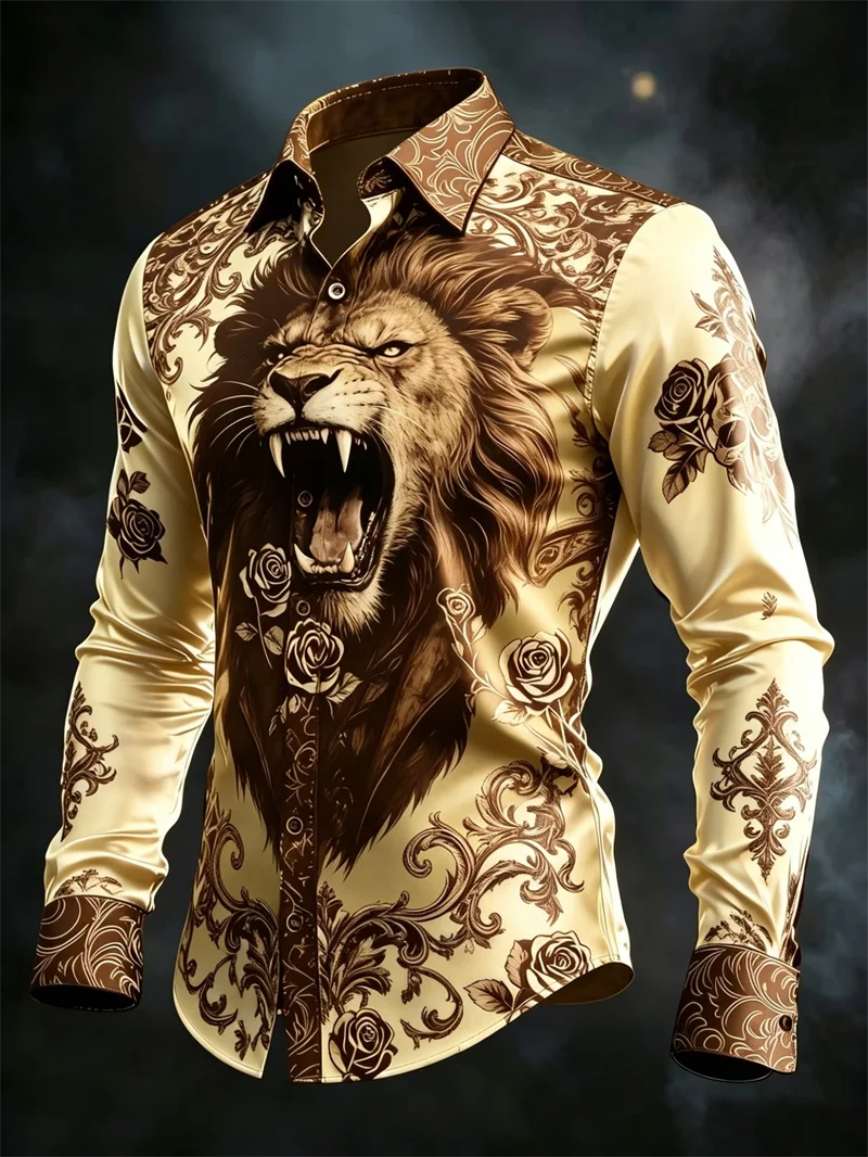 New Purple Bottom Golden Dragon Pattern Printed Men's Long Sleeve Shirt Light Luxury Slimming Business Casual Shirt