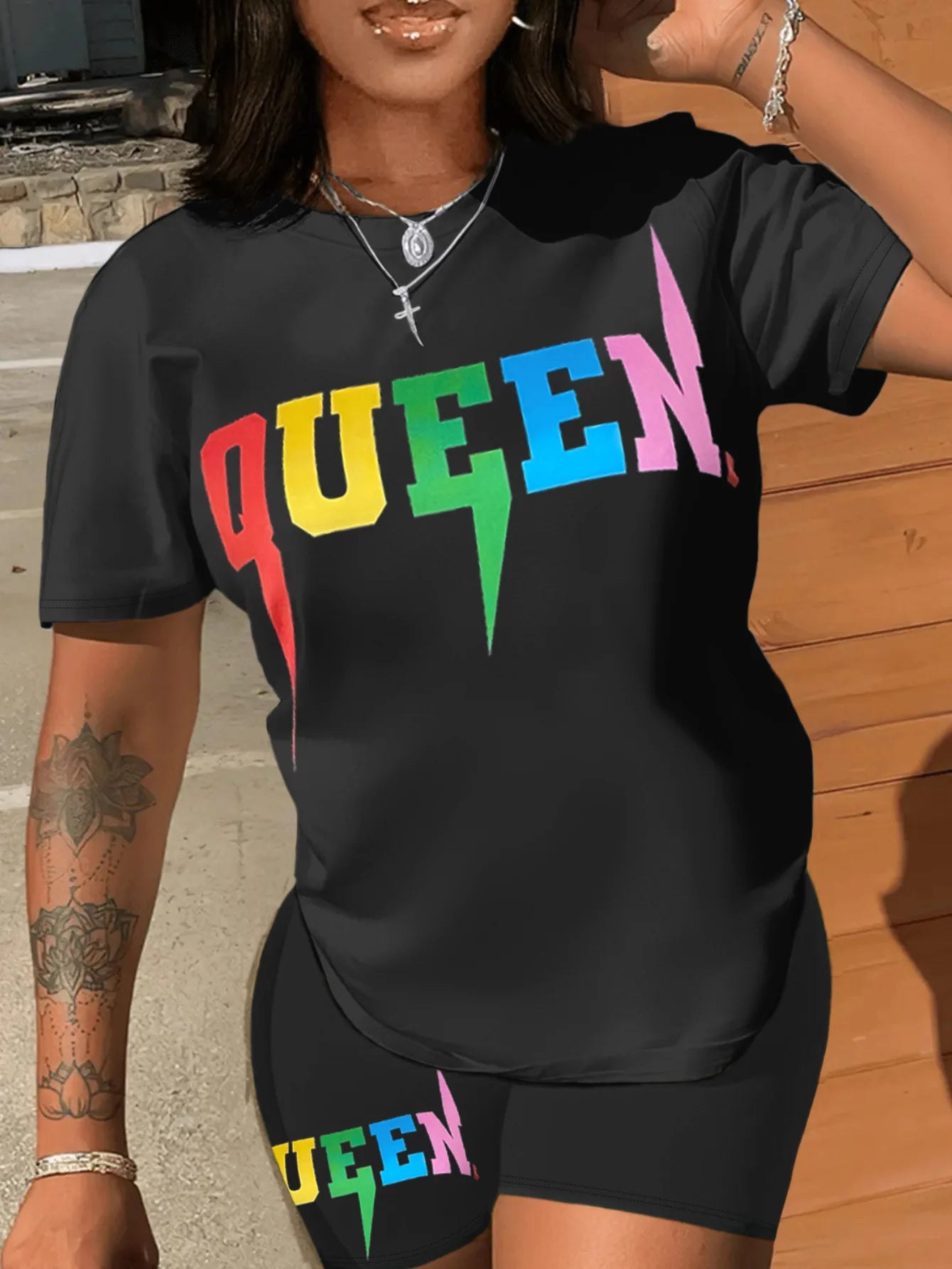 4XL 5XL LW Plus Size Queen Letter Print Shorts Set Summer Women Round Neck T-Shirt And Print Shorts Without Pocket