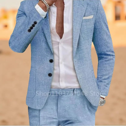 2 Pieces Linen Men Suits for Summer Beach Notch Lapel Slim Fit Two Buttons Groom Tuxedo Sets Blazer with Pants Custom Made