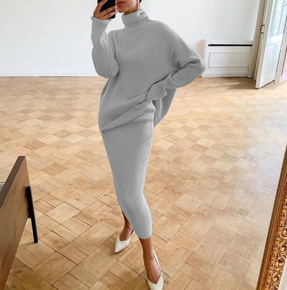 BKQU Knitted Dress Sets Women Loose Turtleneck Sweater Pullover And High Waist Long Skirt Two-Piece Set  Fall Winter Outfits