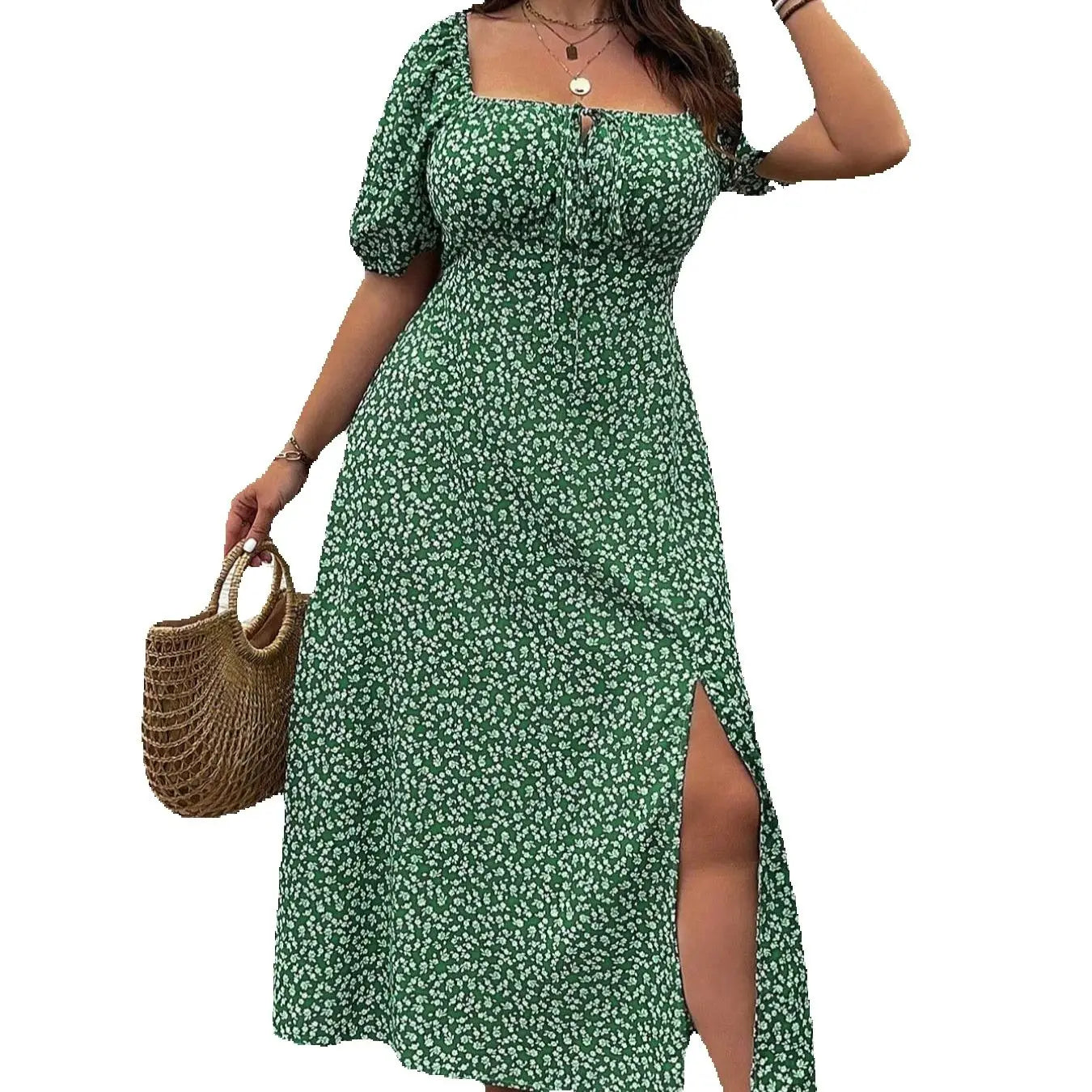 【Große Größen】Blumenmuster quadratischer Ausschnitt Kleid, lässiges Mode-Langarmkleid für den täglichen Gebrauch im Freien, Damen Plus-Size-Kleidung fo