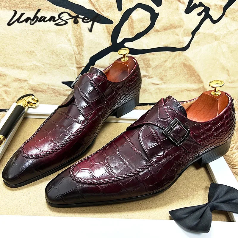 Luxury Men Shoes Black Burgundy Real Leather Casual Mens Dress Shoes Buckle Straps Formal Business Wedding Shoes For Men