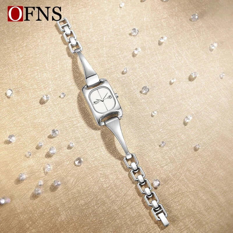 OFNS 5518 New women's watch high-end alloy niche ladies' square watch 3D studded waterproof quartz watch on a sparkling background.