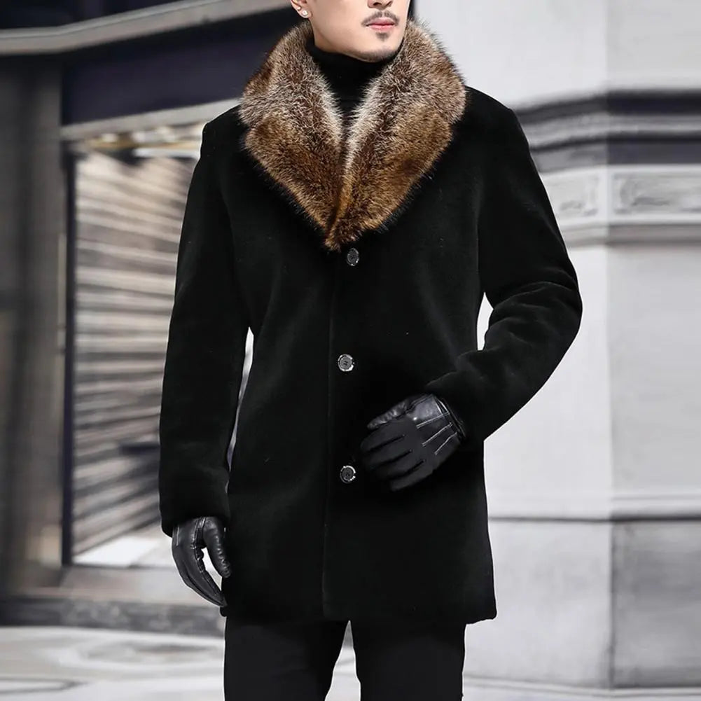 Faux Fur Collar Men Woolen Coat Thick Turn-down Collar Single-breasted Slim Fit Woolen Men Jacket Windbreaker Outwear Men Coat