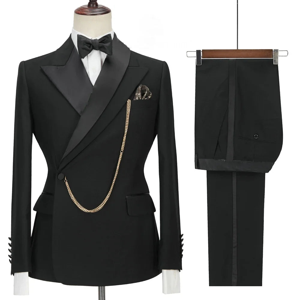 Custom Made Black Groom Tuxedo Peaked Lapel Double Breasted Men Suit Prom Wedding Party Men Suits Costume ( Jacket+Pants)