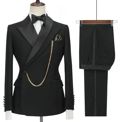 Custom Made Black Groom Tuxedo Peaked Lapel Double Breasted Men Suit Prom Wedding Party Men Suits Costume ( Jacket+Pants)