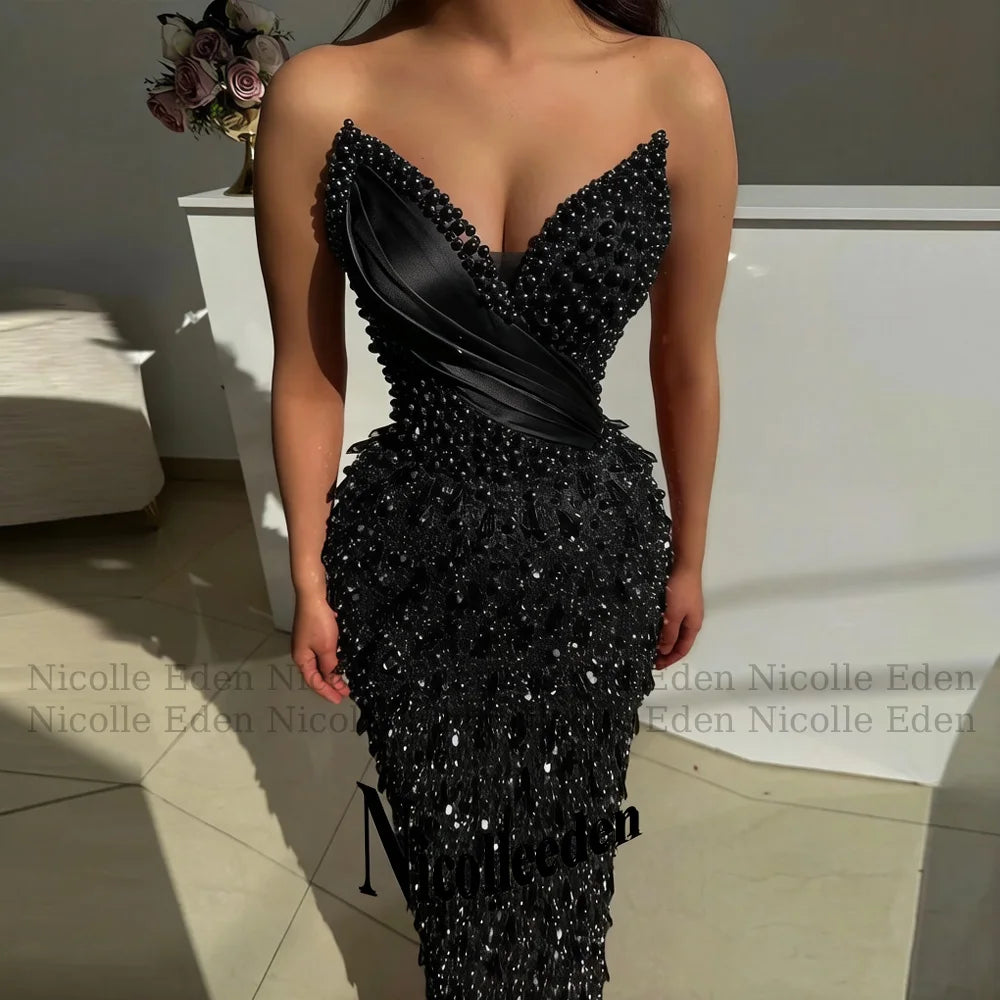 Nicolle Luxury V Neck Prom Dresses for Women Pearls Crystals Sequined Pleats Sheath Party Vestidos De Festa Customized