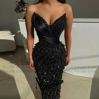 Nicolle Luxury V Neck Prom Dresses for Women Pearls Crystals Sequined Pleats Sheath Party Vestidos De Festa Customized