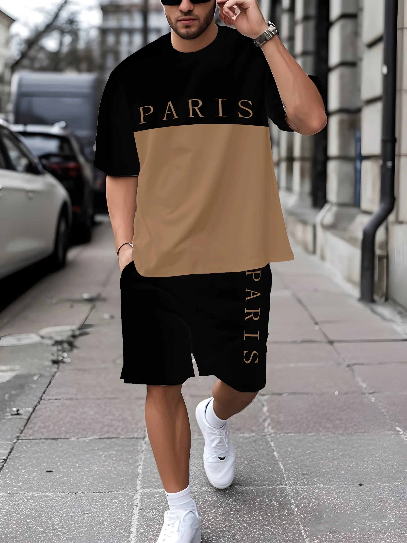 Summer Men's Fashion Casual Sports Set Loose-Fit Trendy Doll Graffiti Print Crew Neck Short Sleeve Two-Piece Set with Shorts