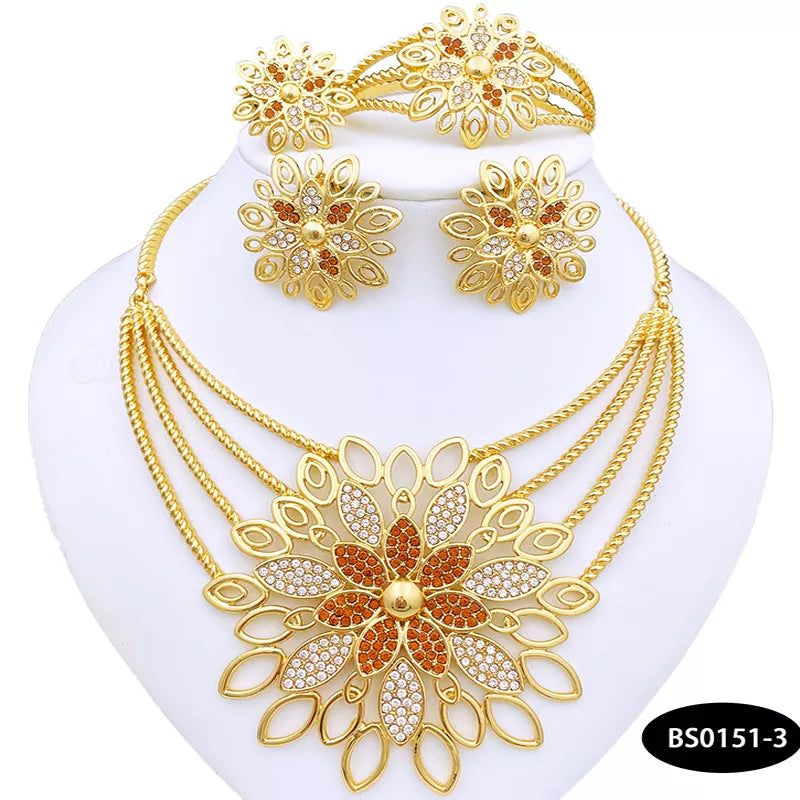 Dubai 18K Gold Plated Jewelry Set Vintage Women Necklaces Earrings Rings Bracelet Full Jewelry Luxury Wedding Party Accessories