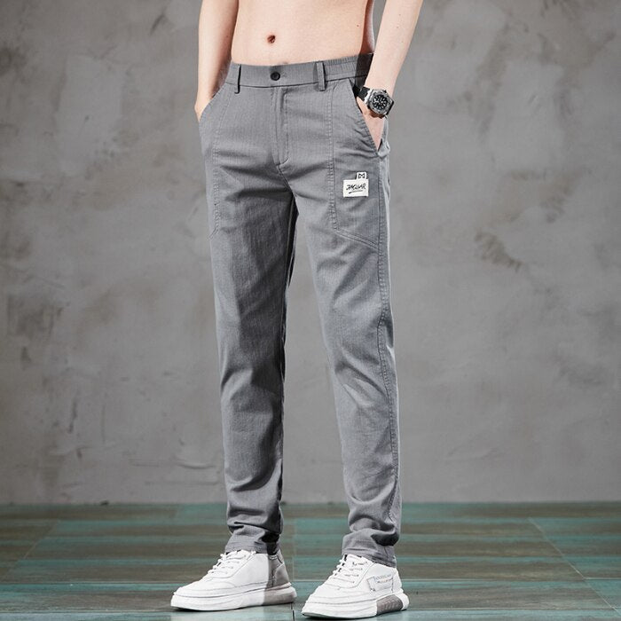 Spring Summer Elastic Waist Design Men&#39;s Thin Casual Pants Korean Fashion Cotton Stretch Business Trousers Male Grey Blue