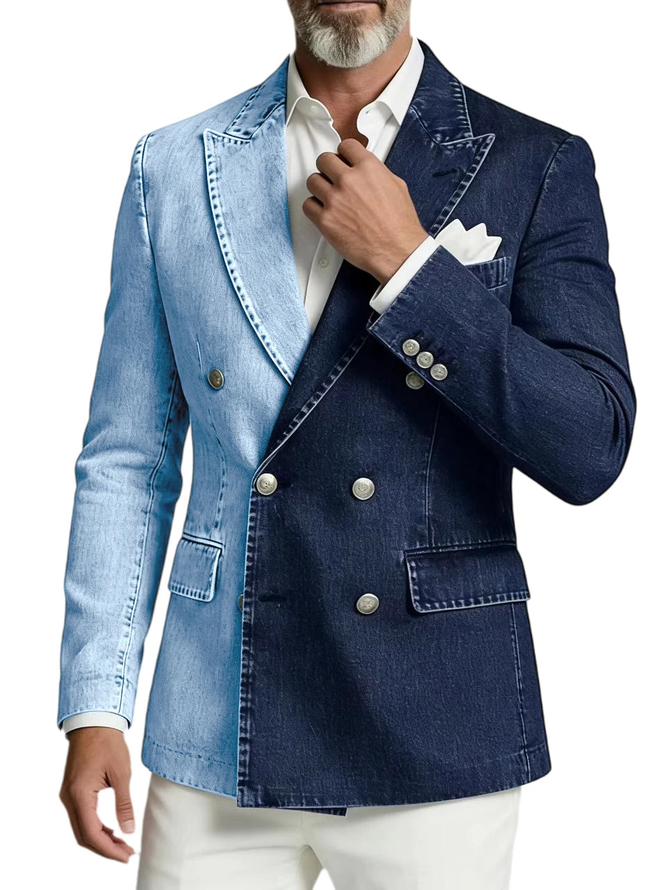 Men Spliced Denim Jacket Peak Lapel Double Breasted Slim Fit Casual Blazer Outing Date Night Trendy Party Fashion Costume Homme