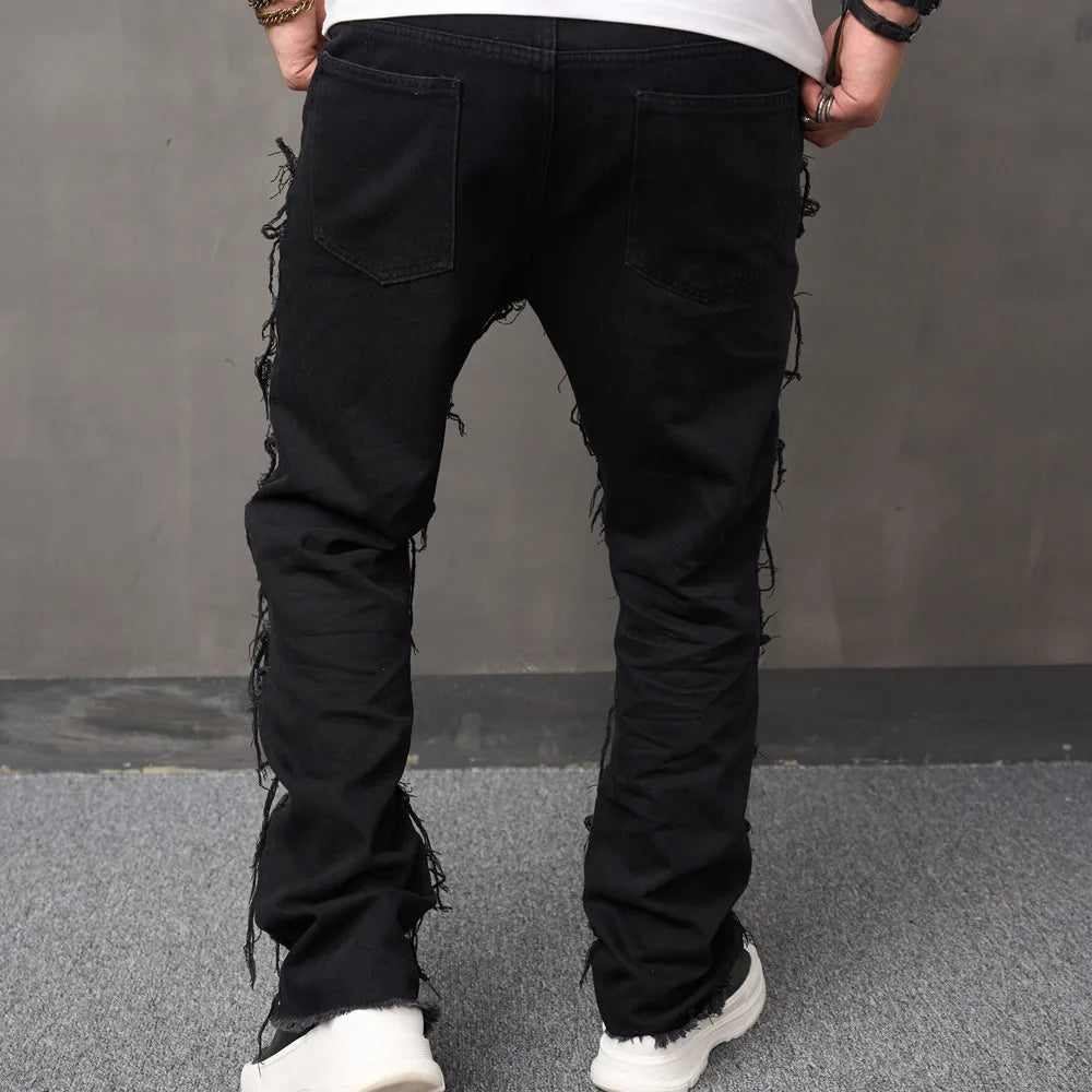 Men's stacked Spliced Jeans Hip Hop Straight Denim Trousers Men Biker Jeans Streetwear Loose Male Motorcycle Denim Pants