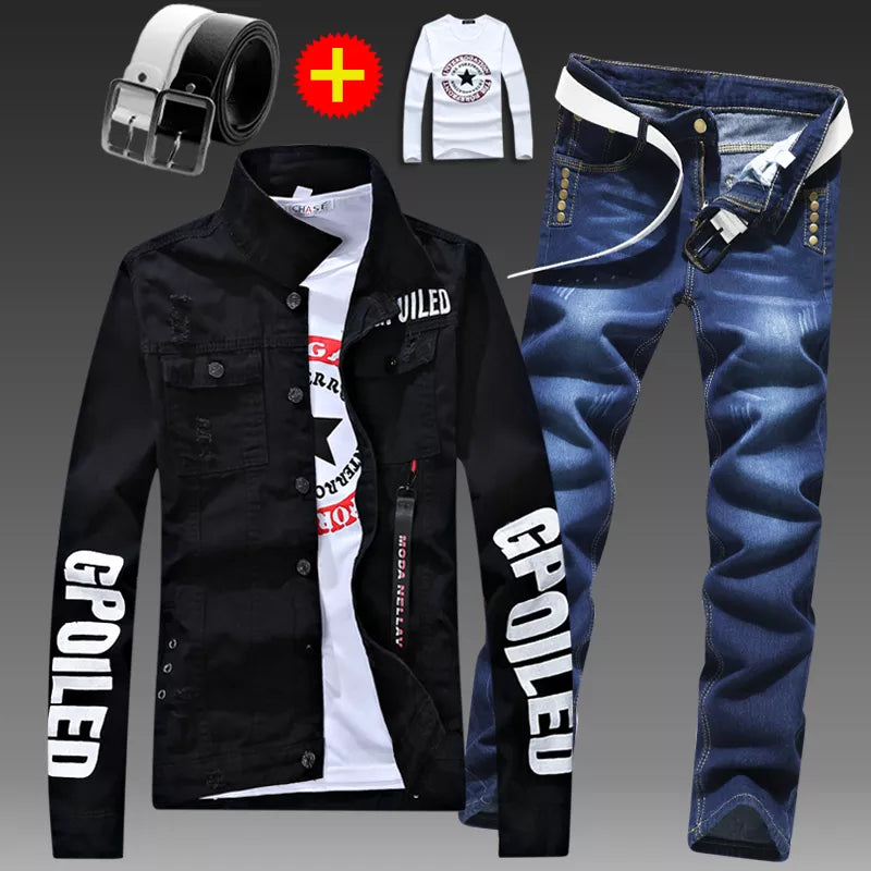 Men's Slim Fit Denim Jacket Pants 2pcs Set Long Sleeve Coats Letters Printed Casual Large Size Black White Red Boys Trousers