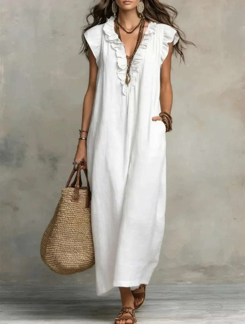 Women's Retro Bohemian Ruffle Linen Maxi Dress, Ruffle V-Neck Sleeveless Loose Summer Dress with Pockets, Summer Casual High-Waist Loose Beach Maxi Dress, Sunny Dress with Flutter Sleeves and Floor-Length Skirt