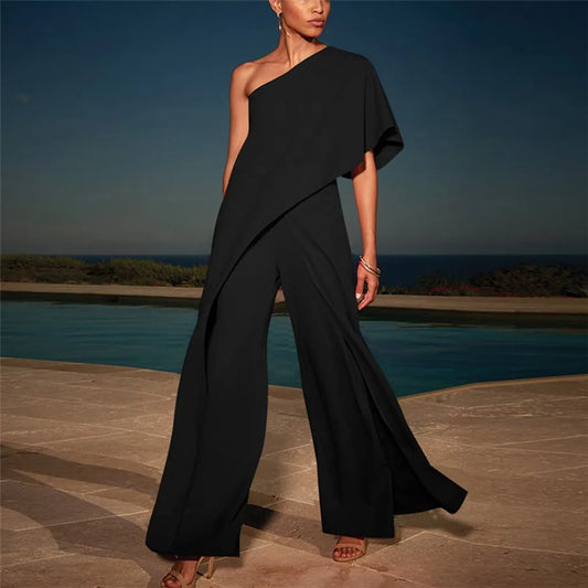 Ladies elegant Jumpsuits Solid Cold sloping shoulders Jumpsuit  Party Playsuit temperament Wide leg Trouser ropa mujer juvenil