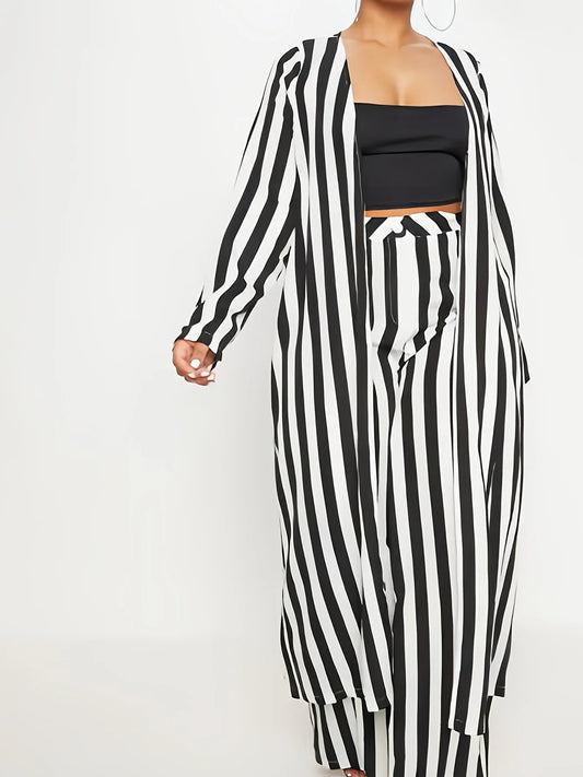 Plus Size Casual Outfits Two Piece Set, Women's Plus Stripe Print Long Sleeve Cardigan & Wide Leg Pants Outfits 2 Piece Set