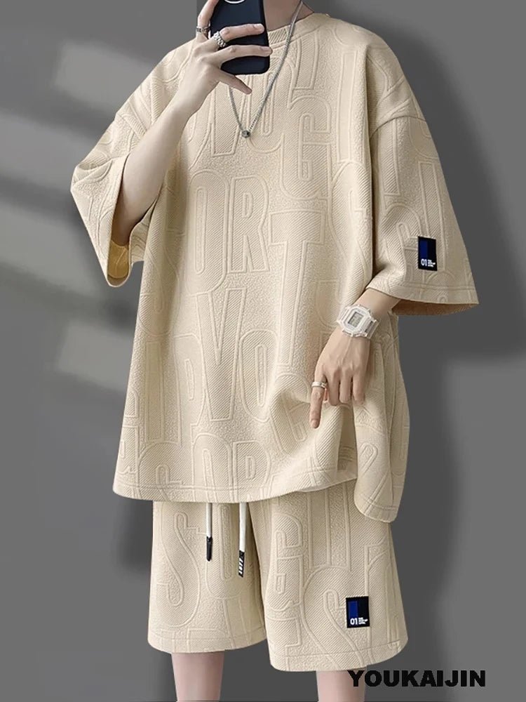 Men's Korean Summer Suit Korean Casual T-shirt + Shorts Suit Men's Tracksuit Solid Color Tracksuit Loose Suit Plus Size 5XL