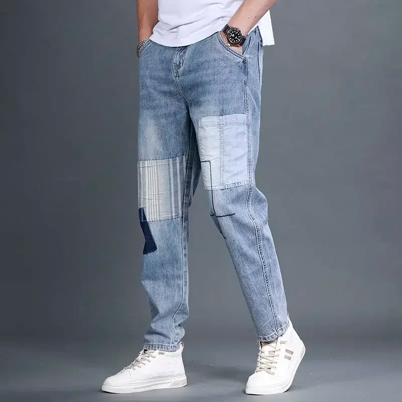 Male Cowboy Pants Aesthetic Jeans for Men Straight Trousers Spliced Light Blue Denim Casual Classic Korean Fashion Designer 2023