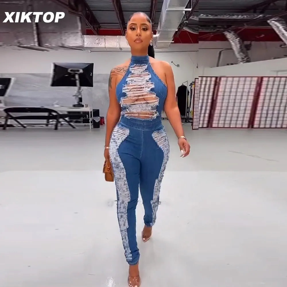 Xiktop Cutting Tassel High Stretch Denim Jumpsuits Women Sexy Neck-Mounted Partywear Backless Cut Out Zipper Bodycon Playsuit