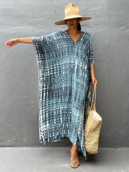 Bohemian Printed V-neck Batwing Sleeve Side Split Loose Dress For Women Clothes Plus Size Beachwear Maxi Dresses Q1218