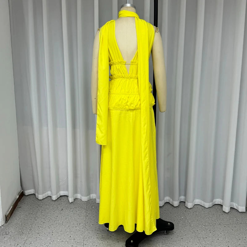 Ellafads Maxi Dress Women's 2024 Summer Fashion Solid Sleeveless Hollow V Neck Backless Loose Pleated Holiday Dresses Streetwear