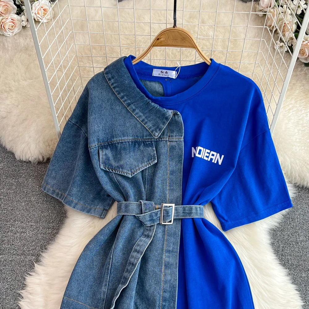 Elegant Summer Women Patchwork Denim Shirts Vintage Casual Slim Blouses Tops with Belted Female Fashion Pullover Clothes New