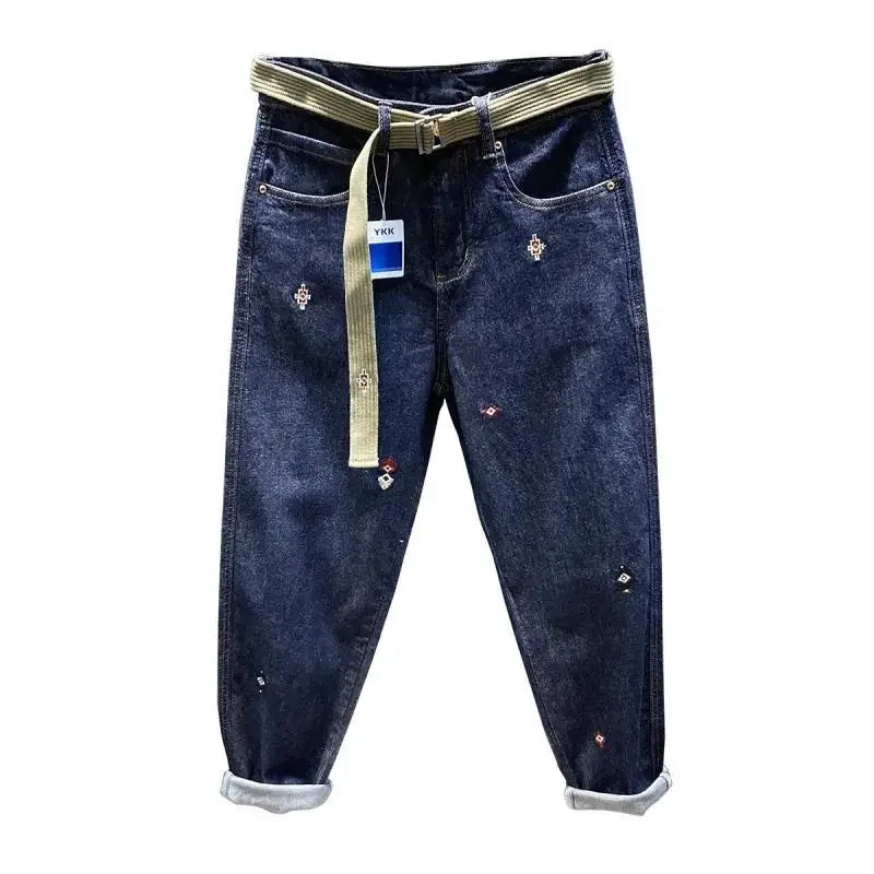 Man Cowboy Pants Embroidery Men's Jeans Cropped Harem Trousers Autumn Clothing Denim Plus Size 90s Streetwear Trend 2024 Retro