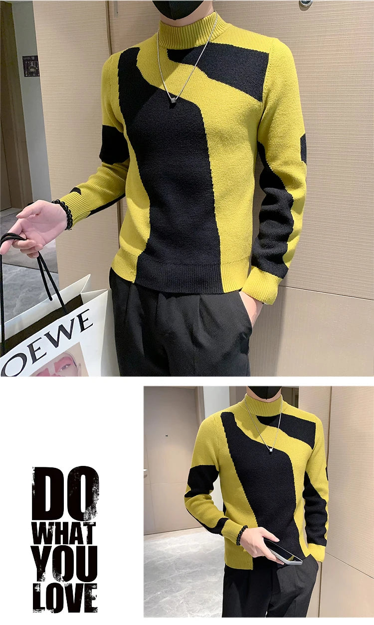 2023 Autumn/Winter Colored Half Turtleneck Sweater Men Long Sleeve Slim Fit Casual Pullover Social Underlying Knitwear Tops