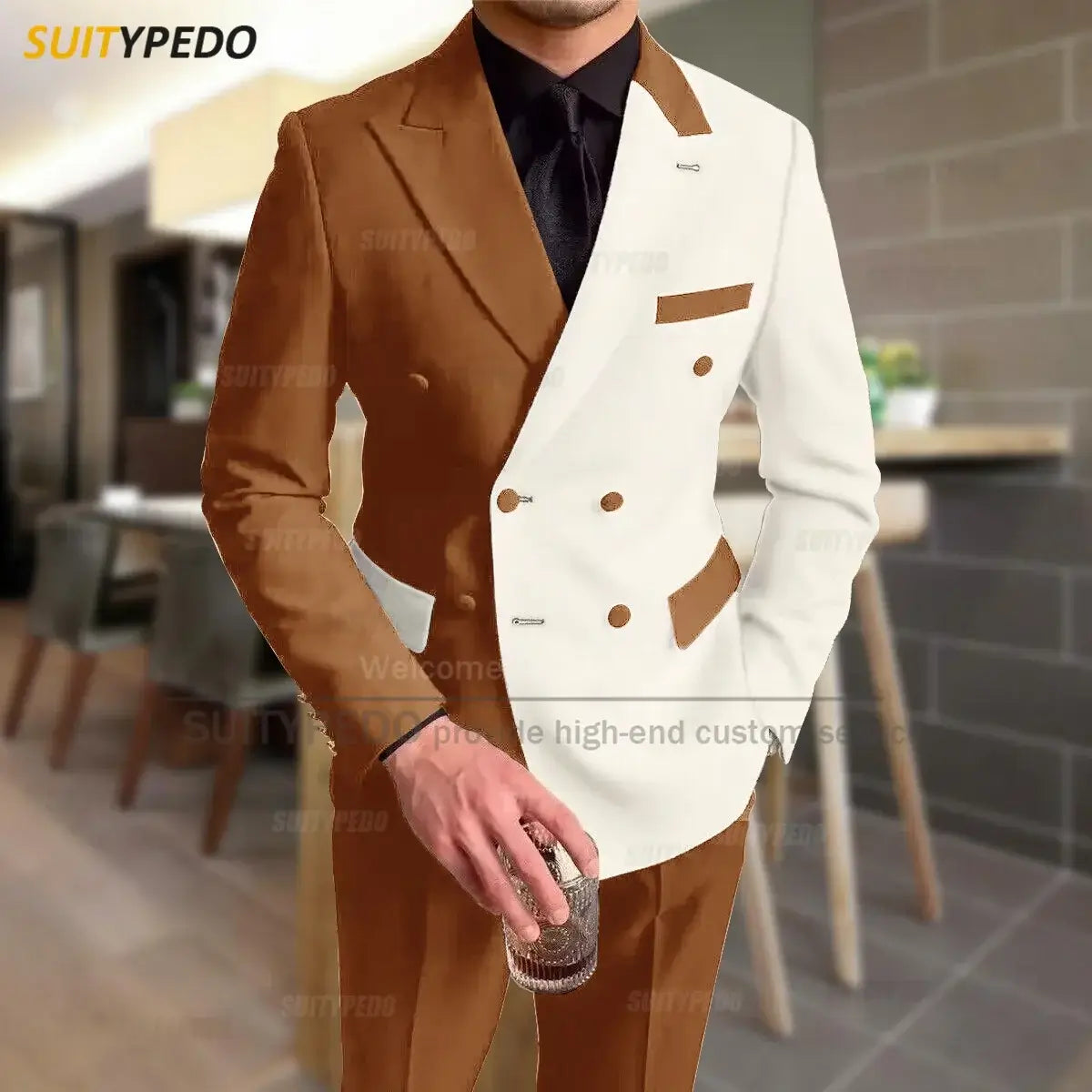 Mode Schwarz-Elfenbein-Spleiß Herrenanzug Lässige Party Klassische Zweireiher Jacke Abendessen Eleganter Blazer Hosen Outfits