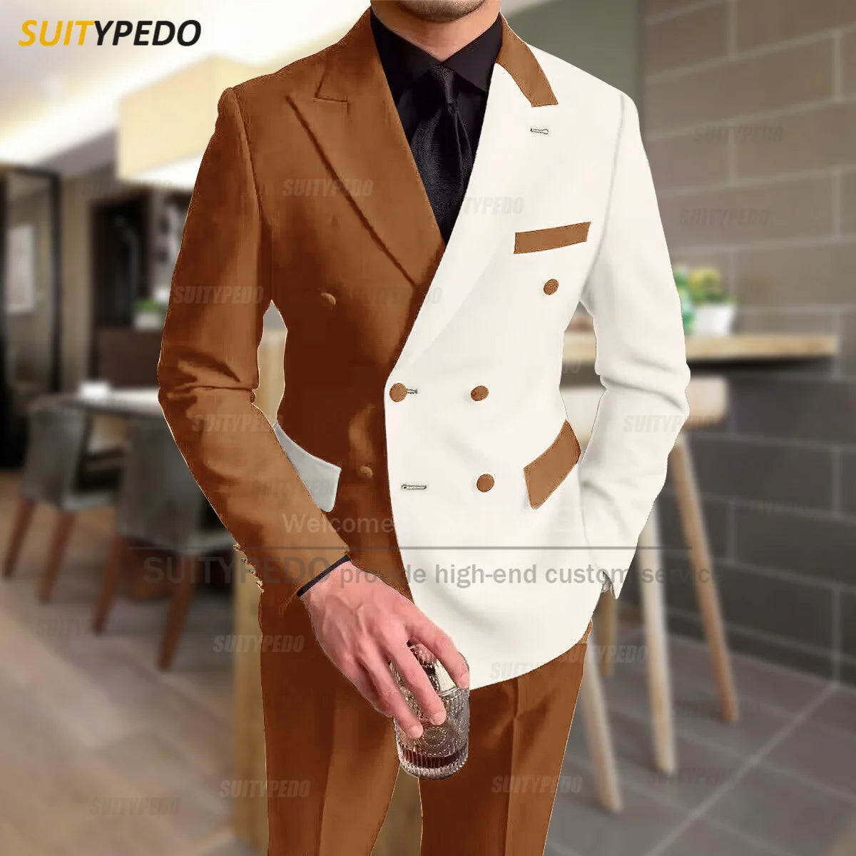 Fashion Black Ivory Splicing Men Suit Casual Party Classic Double Breasted Jacket Evening Dinner Elegant Blazer Pants Outfits