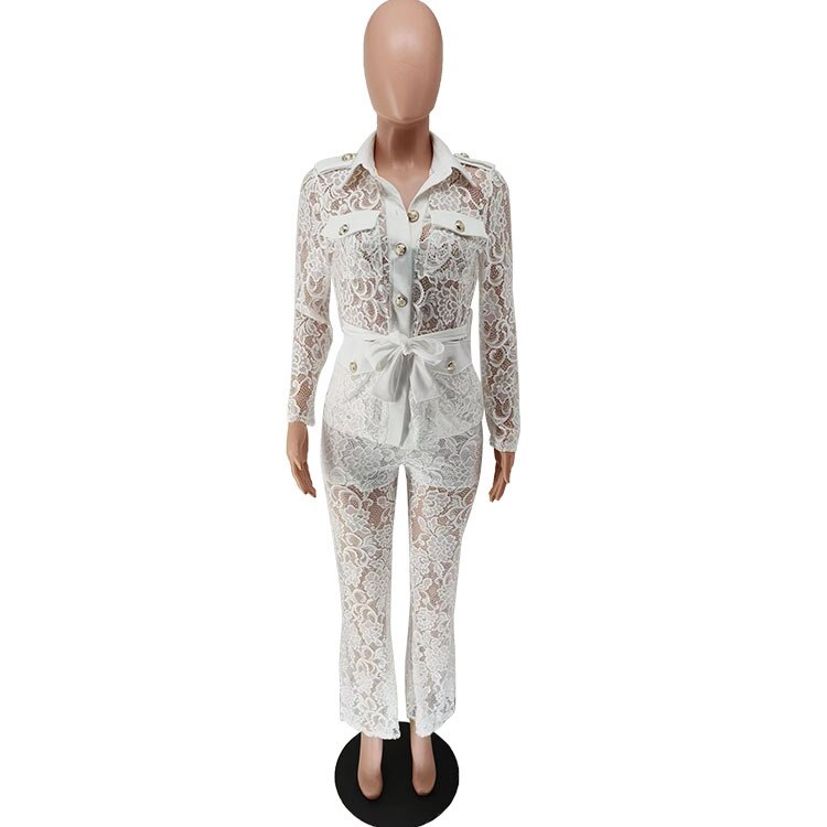 Dantela See Though Două 2 piese Set pentru femei 2022 Summer Sexy Night Party Trening elegant Set de asortare pantaloni cu picioare largi