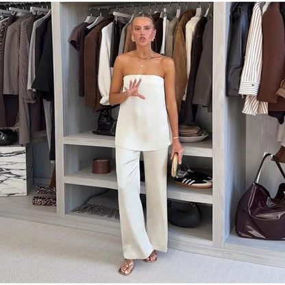 Elegant Tube Tops Women's Trouser Suits Backless Top Wide Leg Pants  Spring Summer High Street Fashion 2 Pieces Set Women