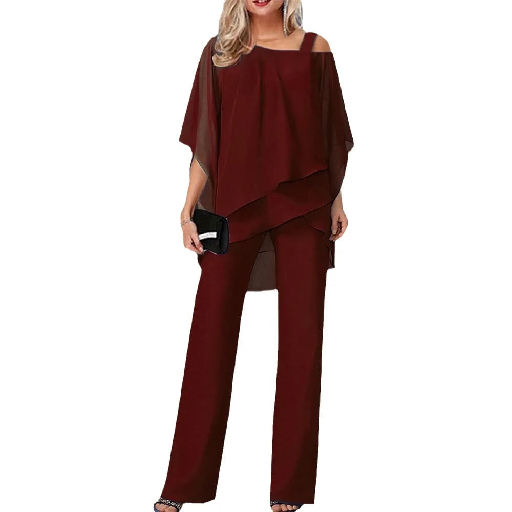 Women Trousers Sets Two Pieces Sale Sexy Off Shoulder Half Batwing Sleeve Blouse&OL Wide Leg Loose Pant Suits NMD-6666