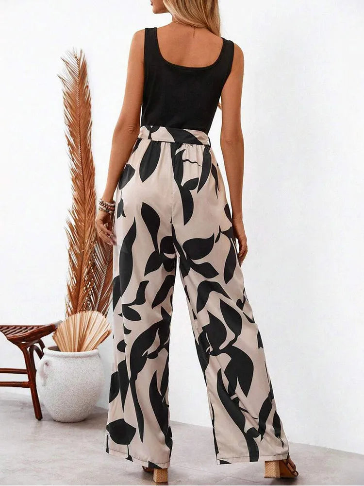 Elegant Sexy Jumpsuits Women Sleeveless Floral Print Patchwork Trousers Wide Leg Tanks Rompers Loose Style Belted Leotard Overal