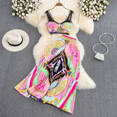 Gold 2023 Summer Fashion Designs Skirts Sets Women Outfits Indie Folk Print Sexy Two Pieces Lace Cropped Top Pleated Skirt Suit