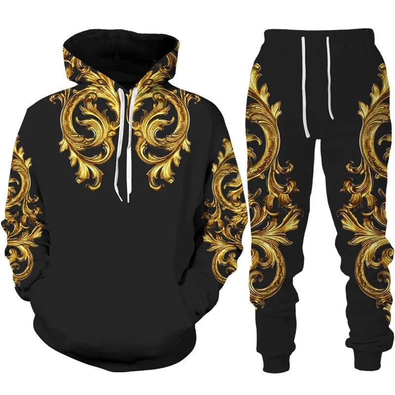 Baroque Court Style Hoodie/Suit Men's Luxury Golden Flower 3D Printed Sweatshirt&Trousers Set Fashion Unisex Streetwear Clothing