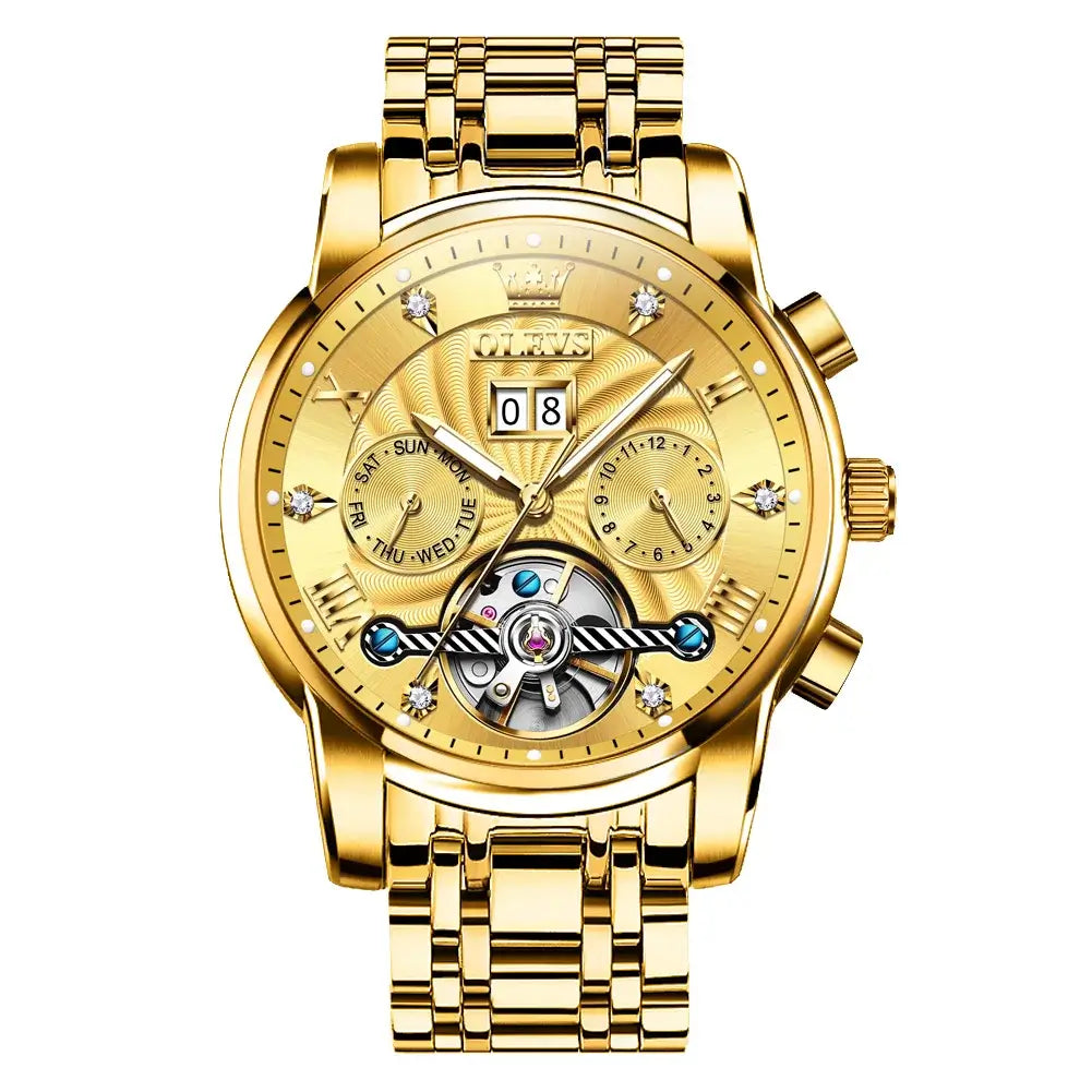 OLEVS Classic Men's Watches Tourbillon Multi-function Full Automatic Men Watch High end Male Wristwatches Mechanical Watch 9910 in full gold.