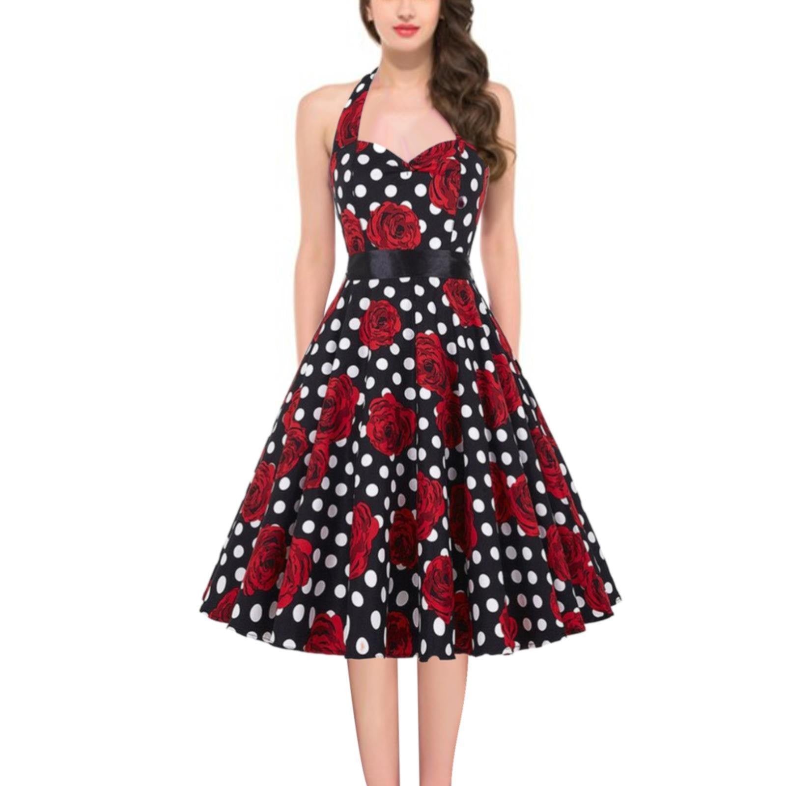 Vintage Polka Dot A-Line Dress Summer Women Sexy Halter Backless Low Cut Party Dress 50s 60s Retro Pin Up Rockabilly Swing Dress