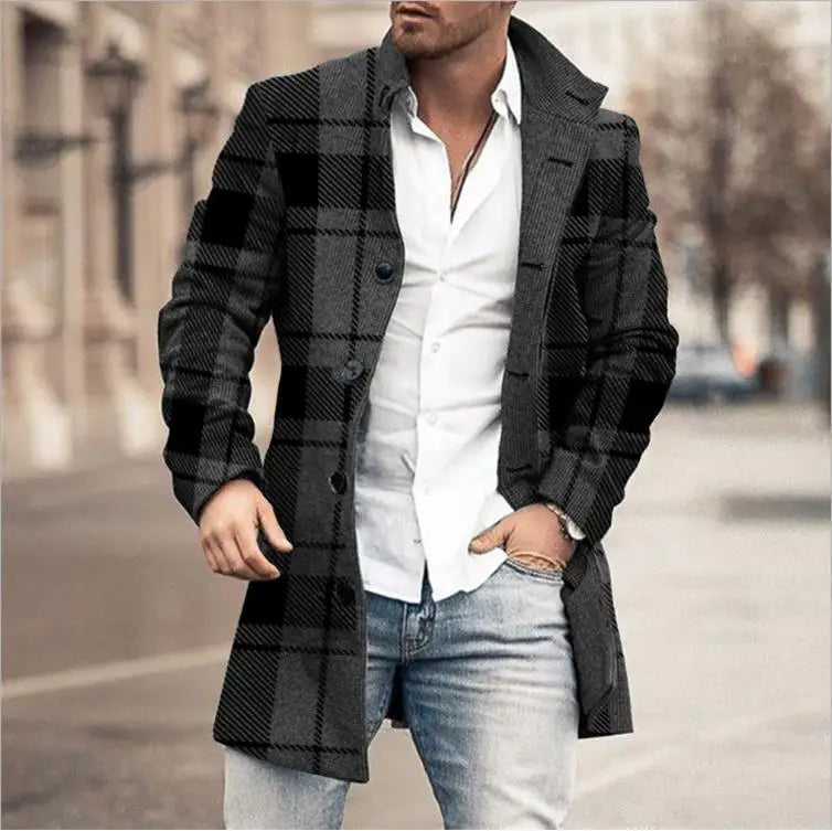 2023 Autumn Winter Woolen Printing Men's Coat Coat Windbreaker Long Sleeve Single Breasted Button Fashion Casual Jacket