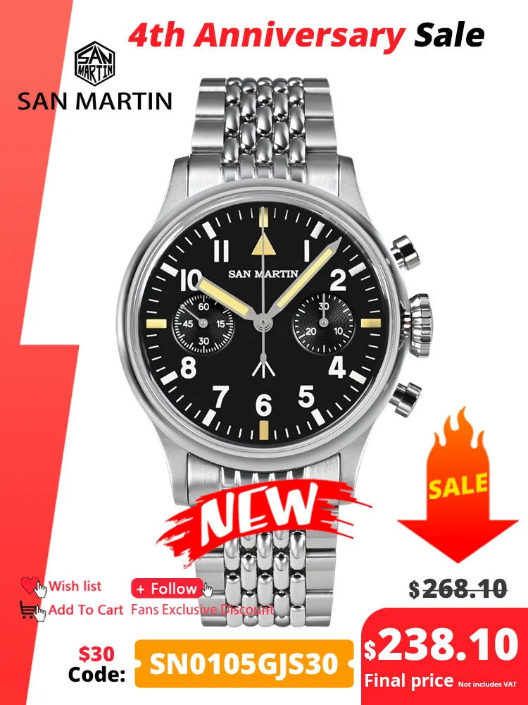 San Martin 38.5mm Mens Chronograph Pilot Watch Luxury ST1901 Manual Mechanical Simple Military Flieger Sapphire 10 ATM Luminous