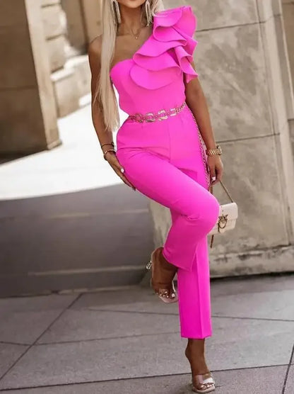 Fashion Elegant office Long Jumpsuit  for Woman  Summer New Solid Color Sleeveless Ruffle Hem One Shoulder Jumpsuit