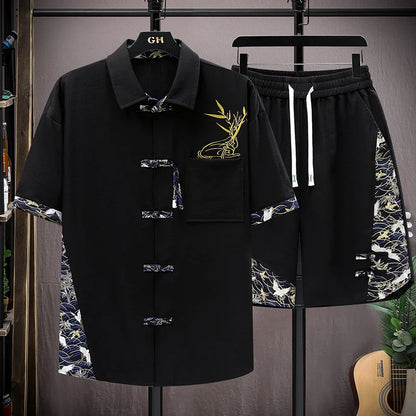 Summer Sets Men Fashion Print Short Sleeved Shirt Shorts Two-piece Men Chinese style Loose Set Mens Short Sets