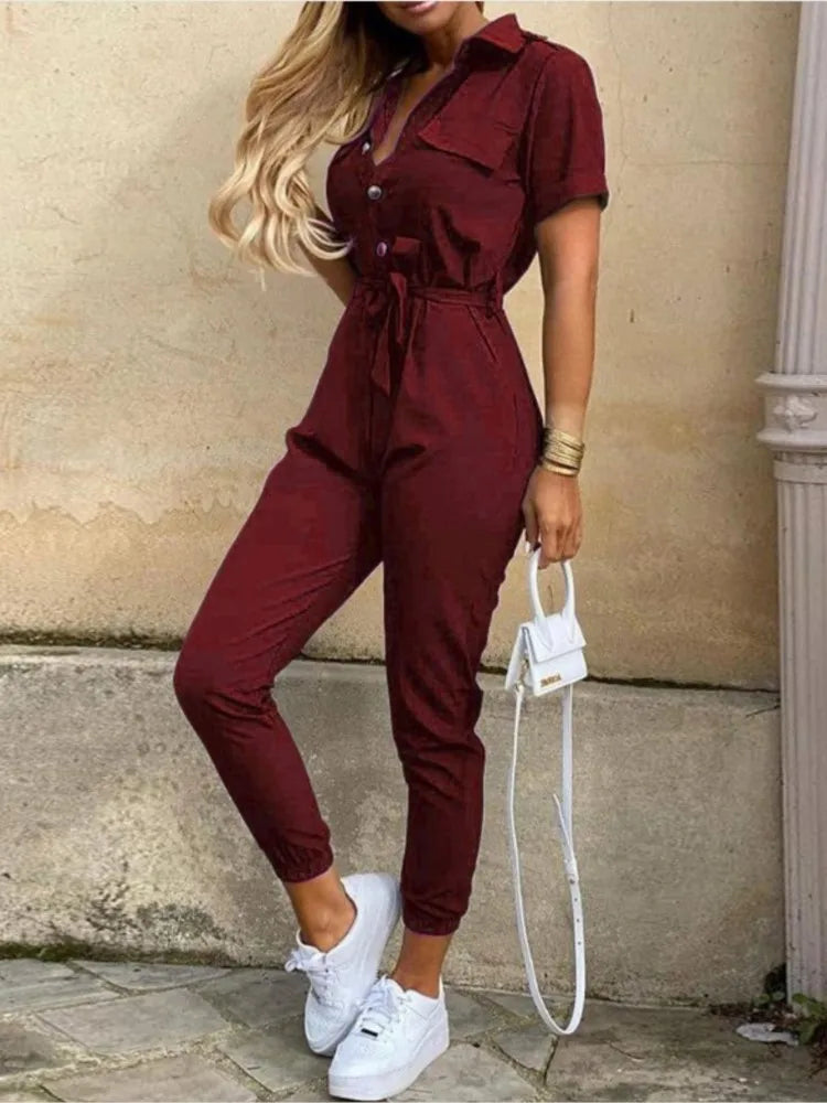 Summer Women's New Fashion Flip Collar Button Print Belt Lace Up Work Dress Casual Capris Jumpsuit Office