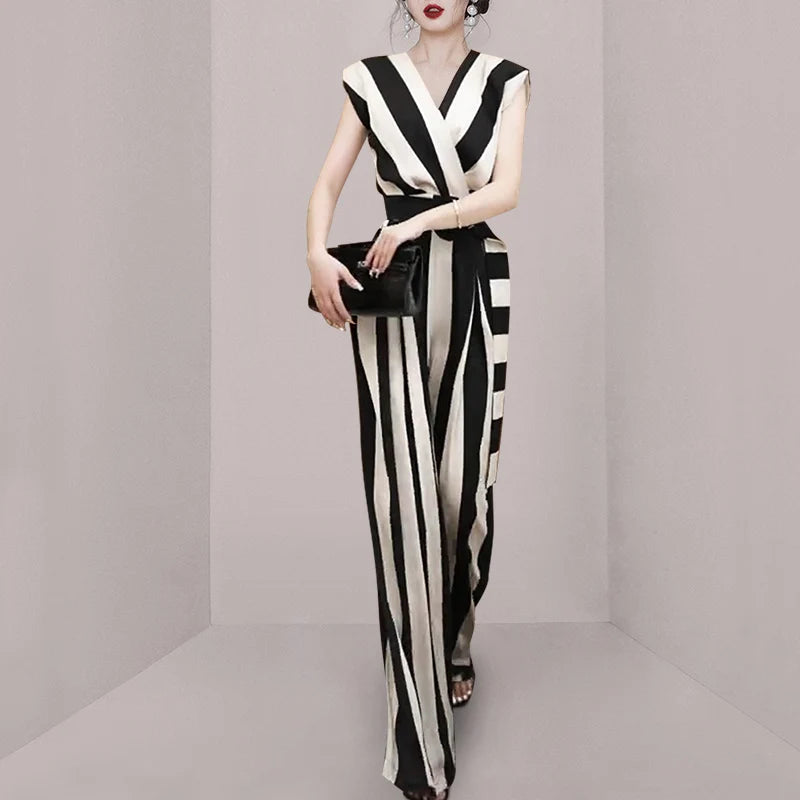 2023 Summer Fashion Elegant Black White Striped + Belt Jumpsuits Office Ladies Sexy V-neck High Street Slim Wide Leg Jumpsuit