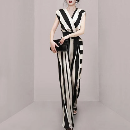 Summer Fashion Elegant Black White Striped + Belt Jumpsuits Office Ladies Sexy V-neck High Street Slim Wide Leg Jumpsuit