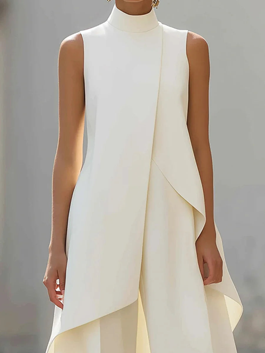 Sleeveless High Neck Jumpsuit With Asymmetric Draped Overlay Wide Leg Culottes Elegant Formal Evening Wear For Women